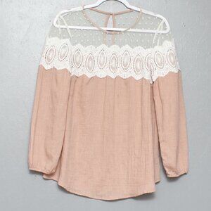 Tassels N Lace sheer shoulder nude pink long sleeve blouse